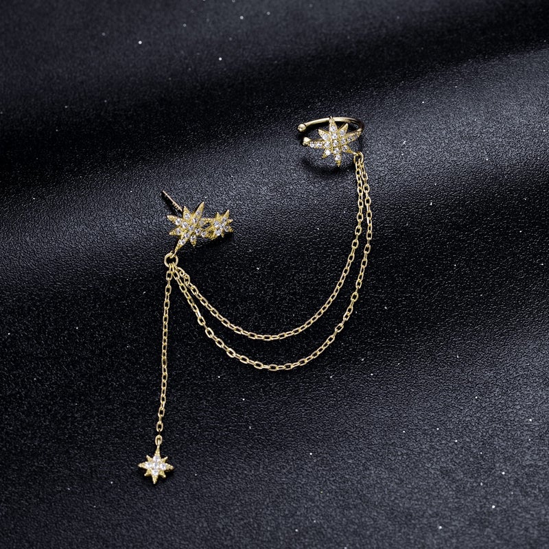SLUYNZ 925 Sterling Silver Fashion Star Cuff Earring Chain for Women Star Crawler Earring Wrap Earrings (One Earring(Left)-B-18K Gold Plated) - Image 3